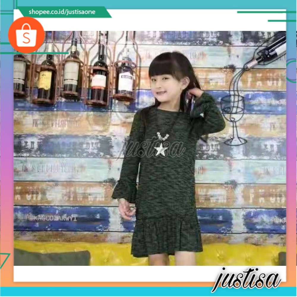 Promo !! Dress anak perempuan simple LS dress star basic terompet import uk 3-6th (dark green)