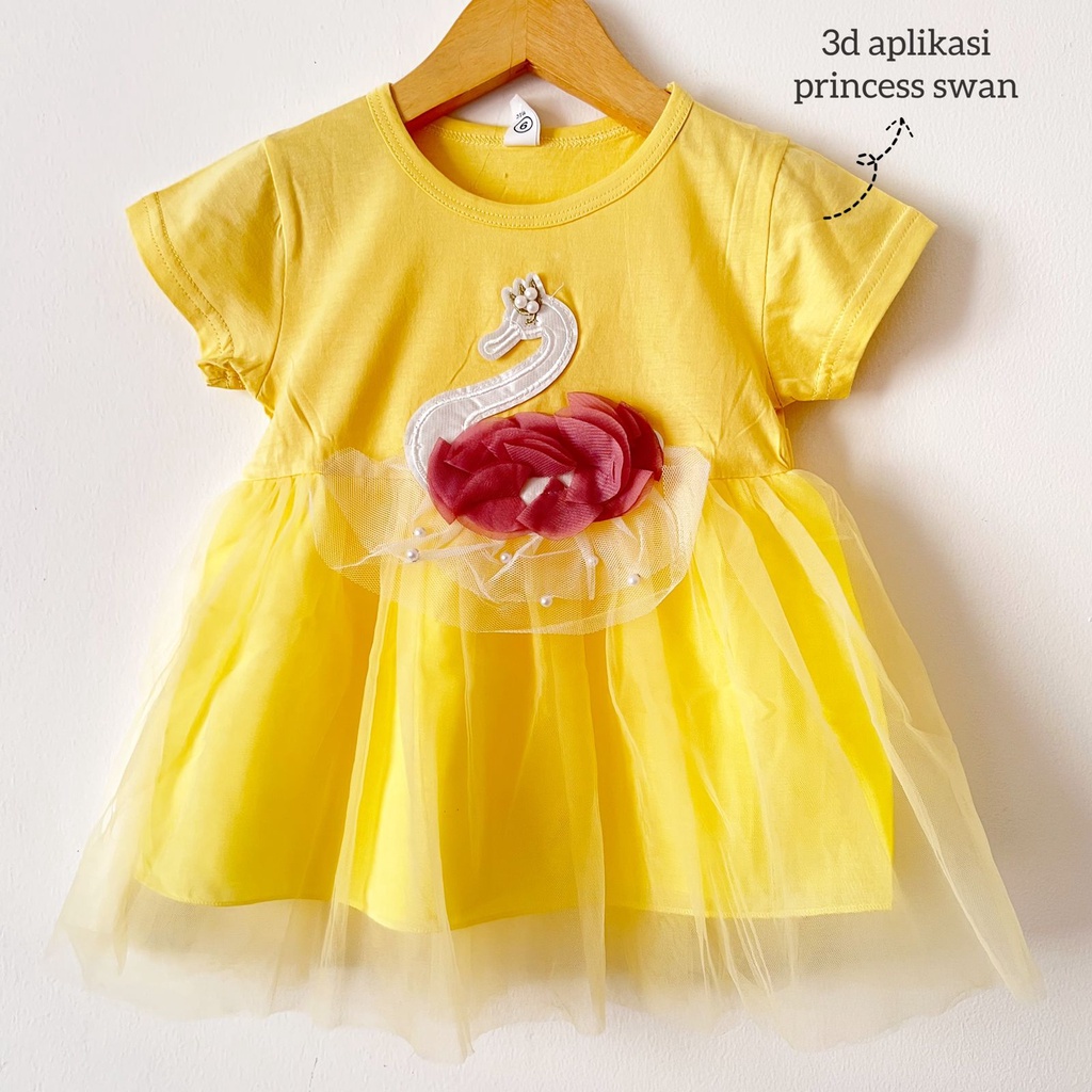 SIMPLE MEOW / LUCKY CAT / PEACHY / PRINCESS SWAN SLEEPING BEAUTY  DRESS Baju Dress Bunga Bandana Sepatu Pergi Lucu Fashion Anak Bayi Perempuan Cewek Import-yellow PRINCESS SWAN