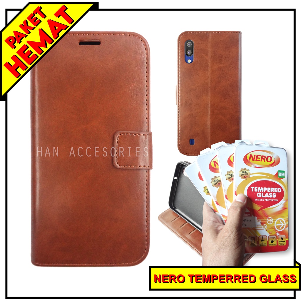 (PAKET HEMAT) Fashion Selular Flip Leather Case Samsung Galaxy A10 Flip Cover Wallet Case Flip Case + Nero Temperred Glass