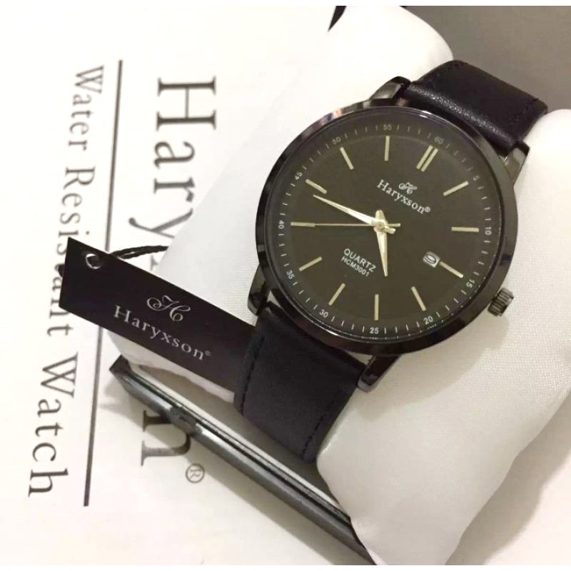 Jam Tangan mewah - Jam Tangan pria Anti Air - Jam Original Haryxson - Tali Kulit - Black
