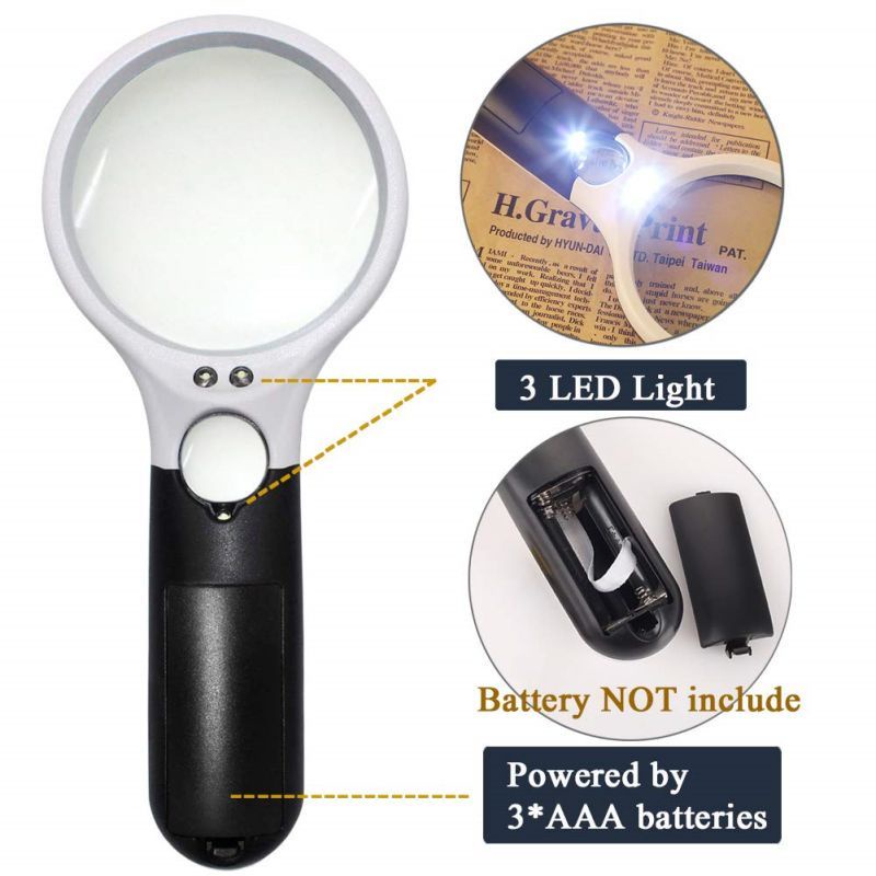 2in1 Pembesar Dengan Lampu 3 LED Membaca Magnifying Glass Kaca