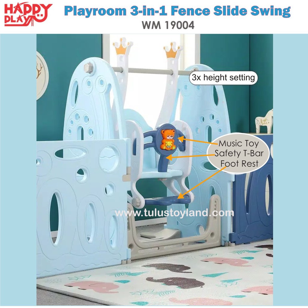 Pagar Bayi Perosotan Happy Play Playroom 3 in 1 Fence Slide Swing 3in1 Ayunan Anak WM 19004 Mainan