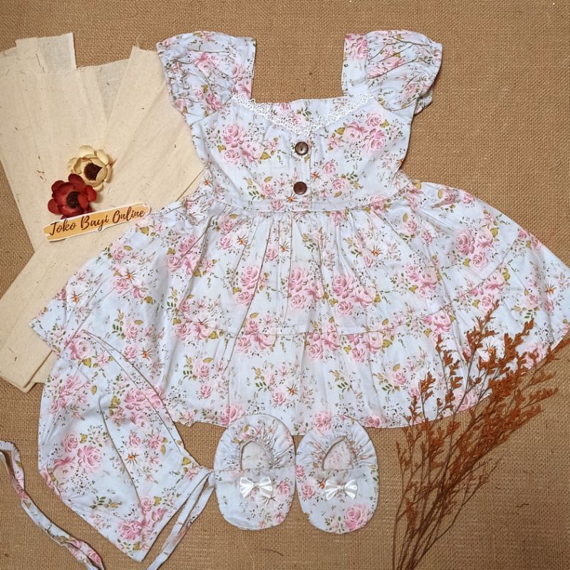 Dress bayi 0 6 12 bulan set sepatu bandana / bonnet Setelan Baju bayi Perempuan 100% Katun SNI Pakaian anak Cewek-3-12bln bonnet biru