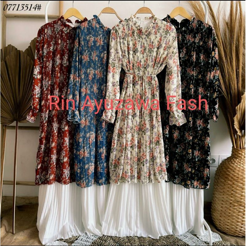 Long Dress Mini Flower plisket ( Dress Panjang Motif Bunga kecil)
