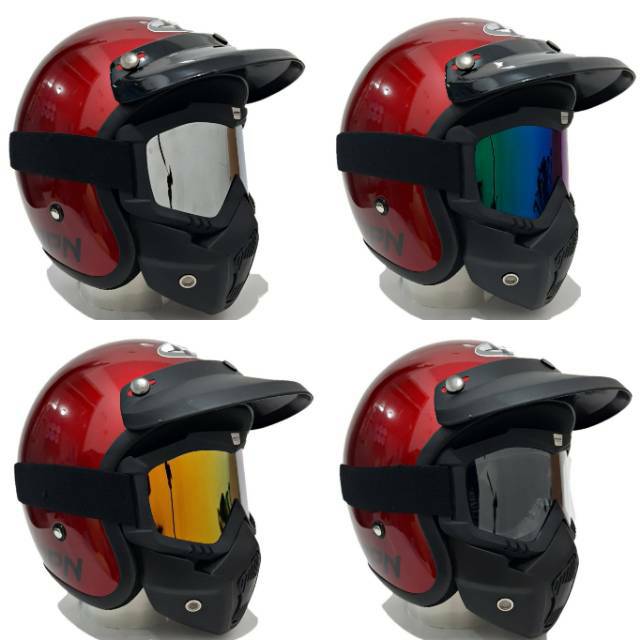 Helm Jpn Retro Maroon Gloss Dengan Goggle Mask