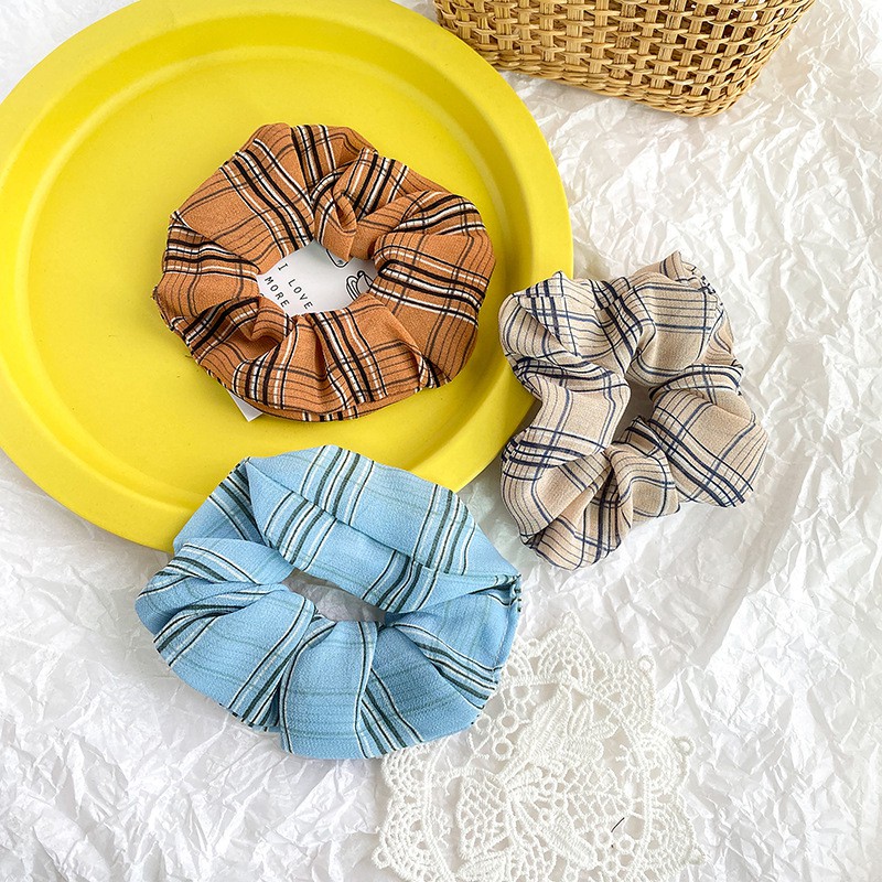Srunchie Rambut Wanita Motif Kotak Gaya Korea Import / Ikat Rambut Motif Kotak Untuk Wanita-3
