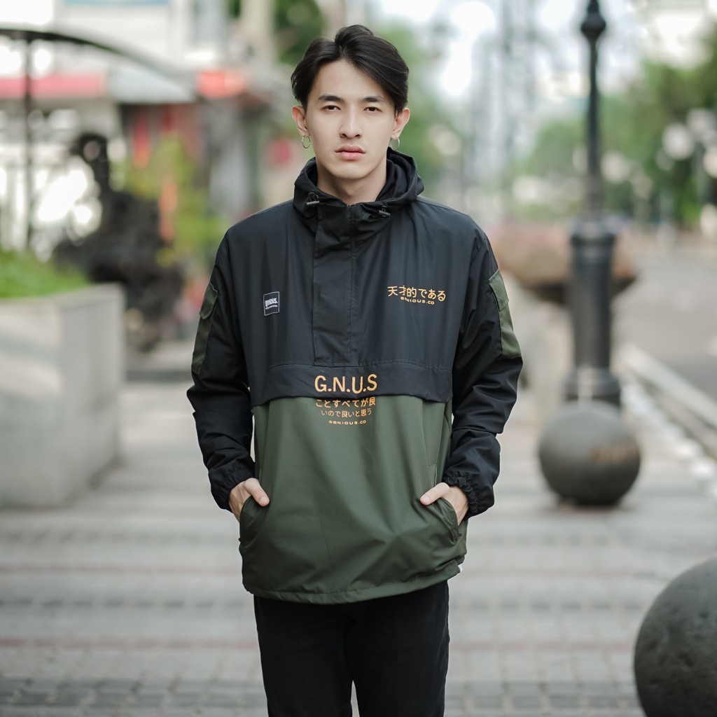 GENIOUS Jaket Cougle HItam Hijau Jaket Parasut Pria Jaket Outdoor