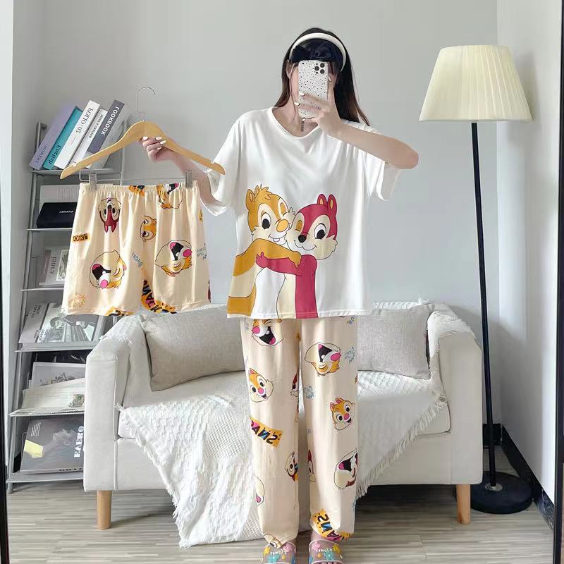 piyama 3in1 set baju tidur wanita dewasa import lengan pendek celana panjang dan celana pendek BT09