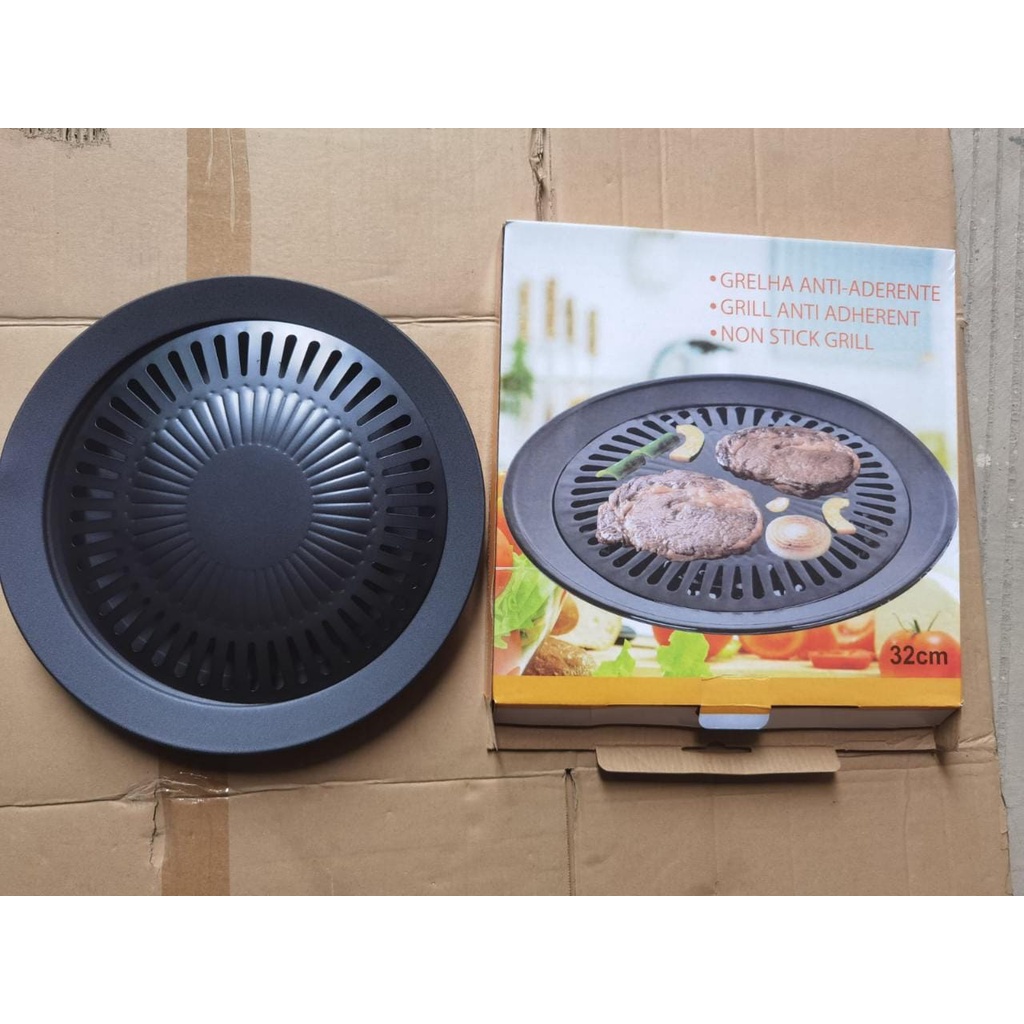 Korean BBQ Grill Pan 32cm Aluminium - Alat Pemanggang - BBQ Grill Pan Bulat Wajan Teflon Besi Panggangan BBQ