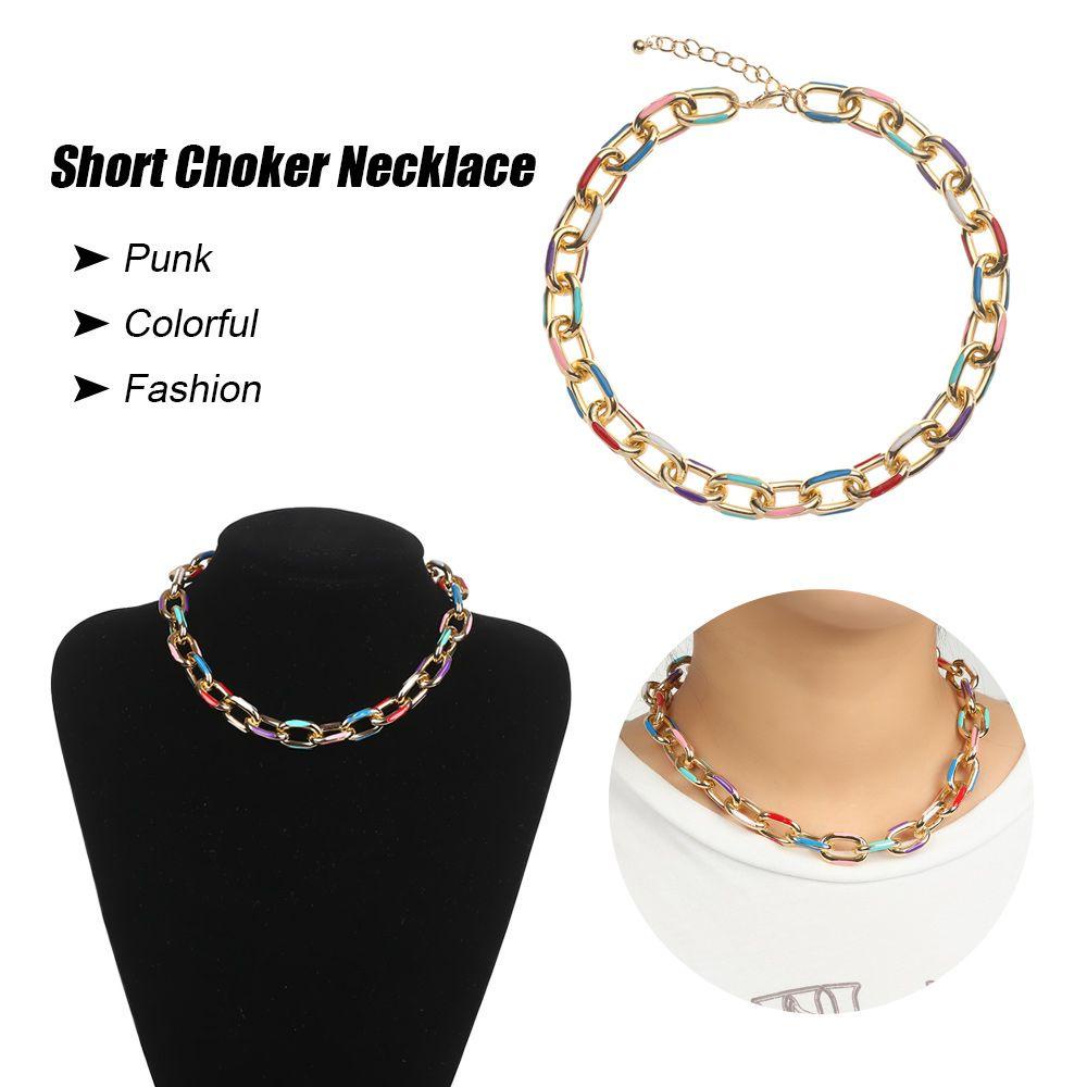 Lily Kalung Choker Pendek Wanita Pria Punk Warna-Warni Dicetak Klavikula Necklaces