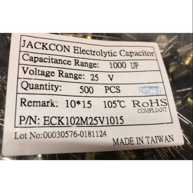 elco 1000uf 25V jackcon taiwan size 10x15 min 500pcs