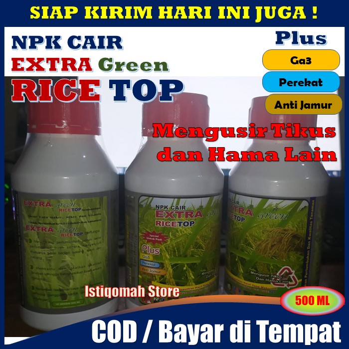 Pupuk NPK Cair EXTRA GREEN RICETOP Spesial untuk Padi Plus Ga3 Perekat Anti Jamur Mengusir Tikus dan Hama Lain Meningkatkan Pertumbuhan Dan Kwalitas Tanaman Padi Berbuah Lebat Hasil Panen Melimpah - Obat Penambah Bobot Gabah Padi Paling Ampuh MURAH