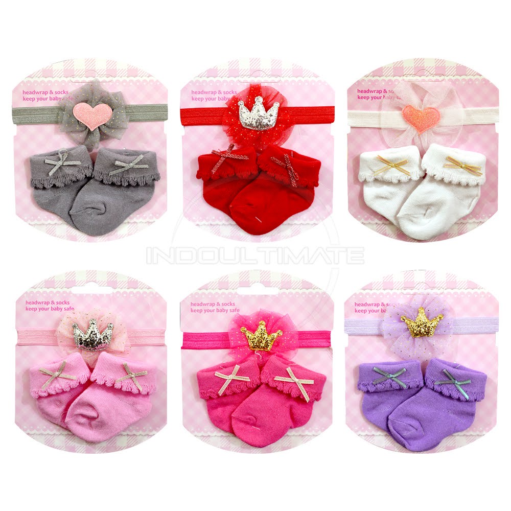 2in1 Set Kaos Kaki Bayi + Bando Pita Kepala Baby Sock KKA-028 Sarung Kaki Bayi Bando Bayi Aksesoris Pita Rambut Bayi Alas kaki bayi