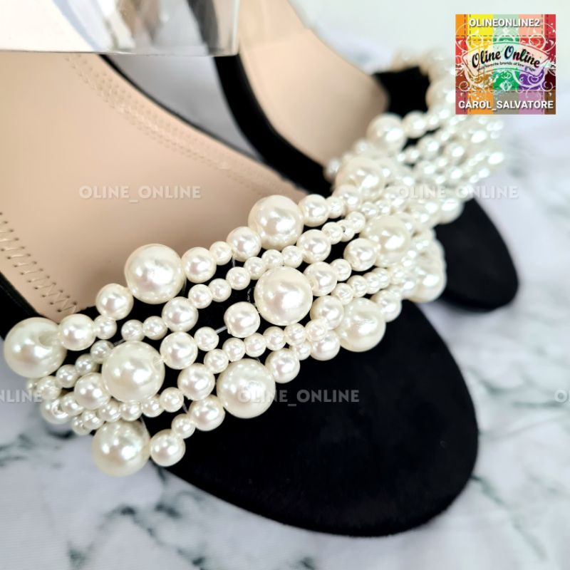 Sandal with heels mutiara pearl velvet bludru empuk 3cm sepatu wanita transparan 2 tali