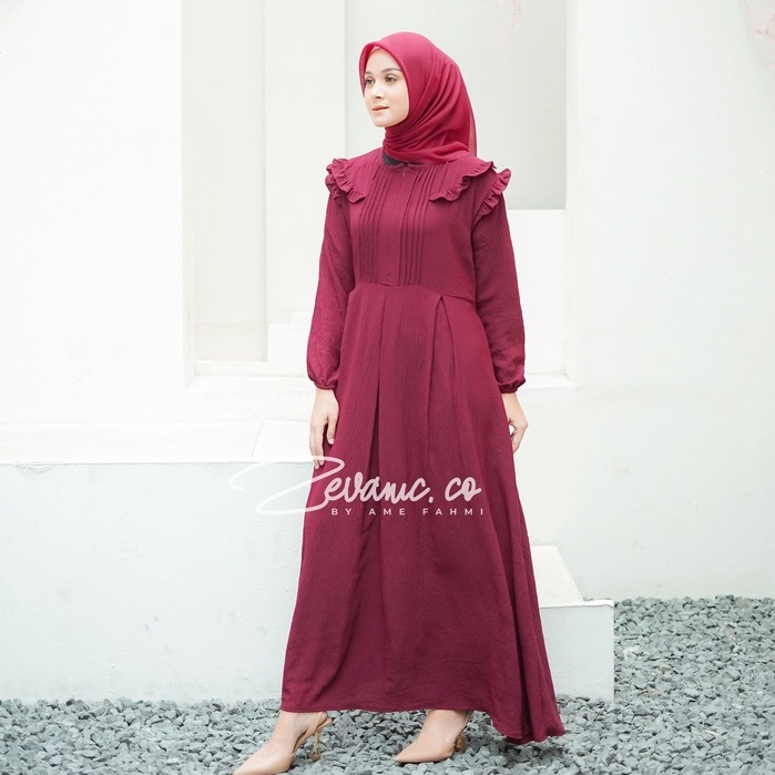 Tavisha Maxi Dress Material Crinkle Dengan Aksen Lipit Di Bagian Dada / Ruffle | Zevanic.co-Wine Size B