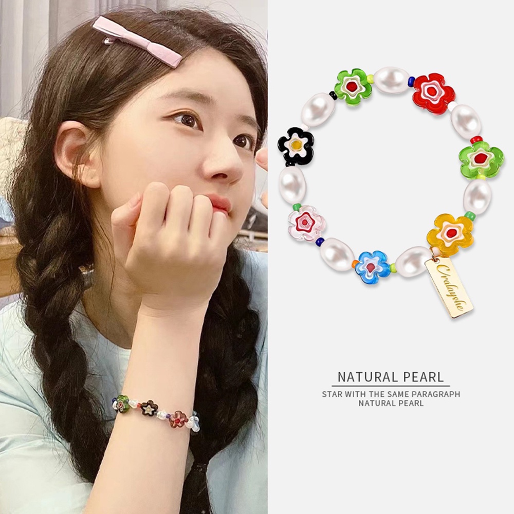 Gelang Tangan Wanita Desain Kaca Bunga Lucu Warna Permen Gaya Korea