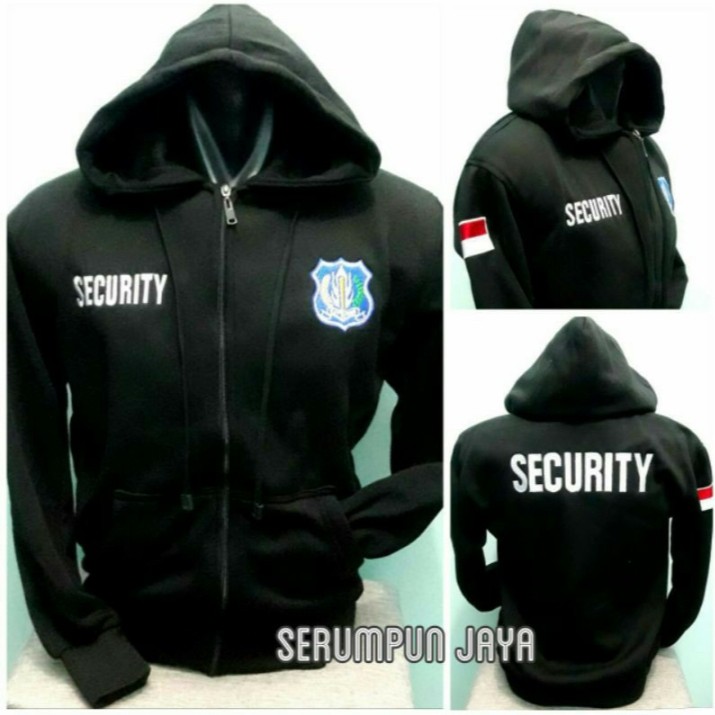 JAKET SECURITY LOGO BIRU - SWEATER SECURITY HITAM LOGO BIRU - HOODIE ZIPPER SECURITY BORDIR