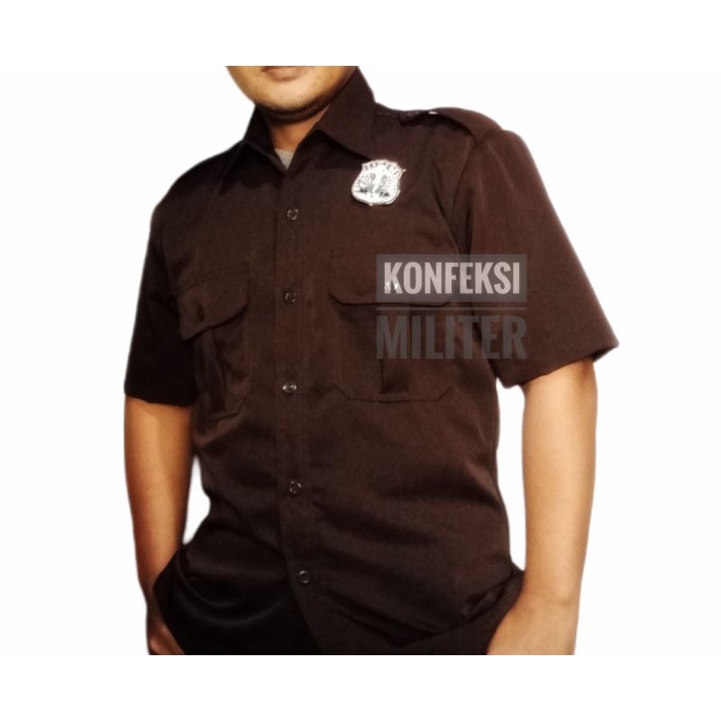 seragam stelan baju Safari coklat Tangan Pendek Satpam security, coklat tua, safari pria wanita cokl