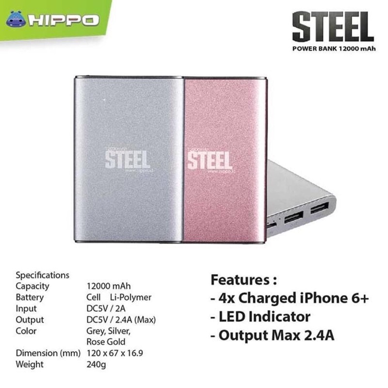 HIPPO Powerbank Steel 12000Mah 2.4A Dual USB Port 2 Output Power Bank Real Capacity 12000mAh Besi