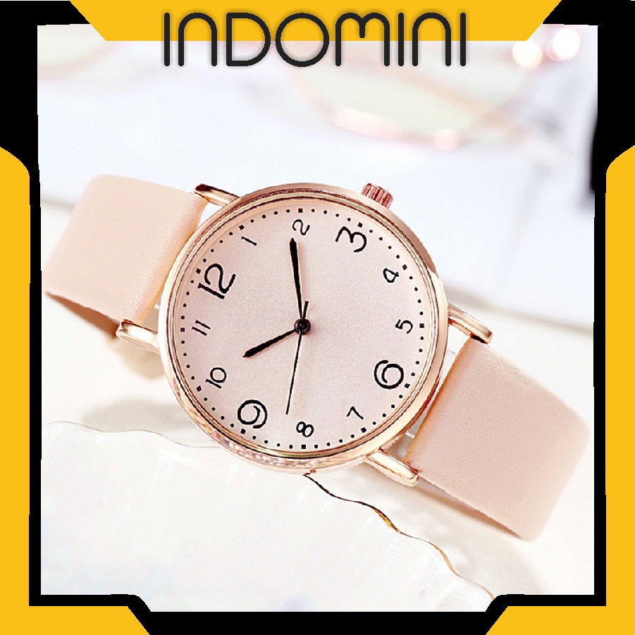 INDOMINI JT043 Jam Tangan Wanita Polos Casual Dial Bulat Fashion Analog Quartz Simple Strap Pu Leather