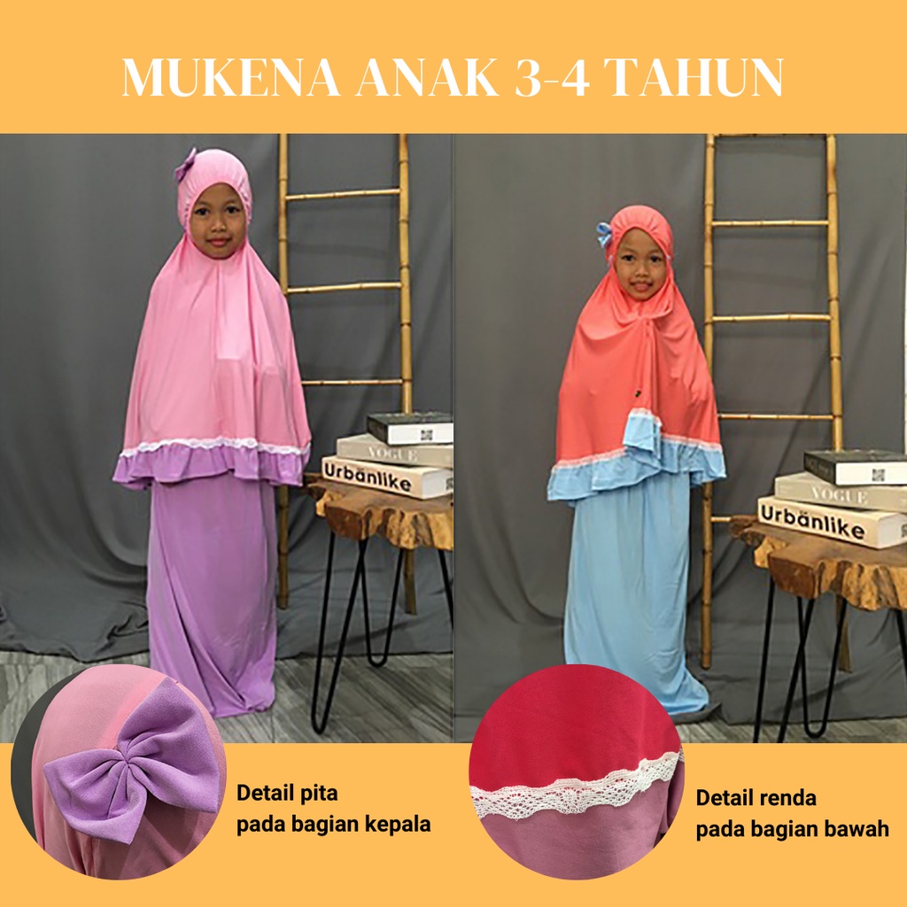 Ezpata Mukena Anak Balita Umur 3-4 tahun Polos Renda lucu Ada pita di kepala Model terbaru bahan jersey adem