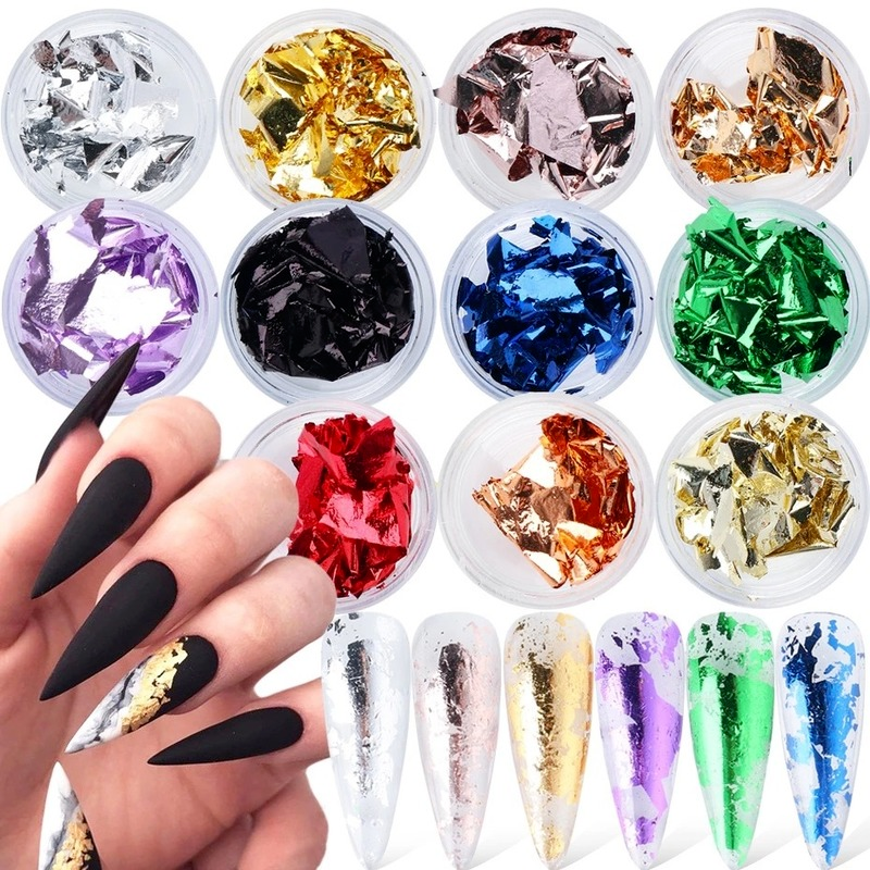 12 Warna / Pak Stiker Kuku Foil Emas Glitter Asimetris Untuk Aksesoris Nail Art / Manicure