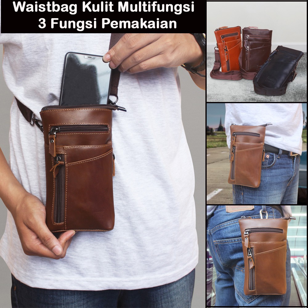 Waistbag KULIT SAPI ASLI Tas Selempang Kulit Mini Smartphone Tas Hp Multifungsi 100% kulit Asli P051