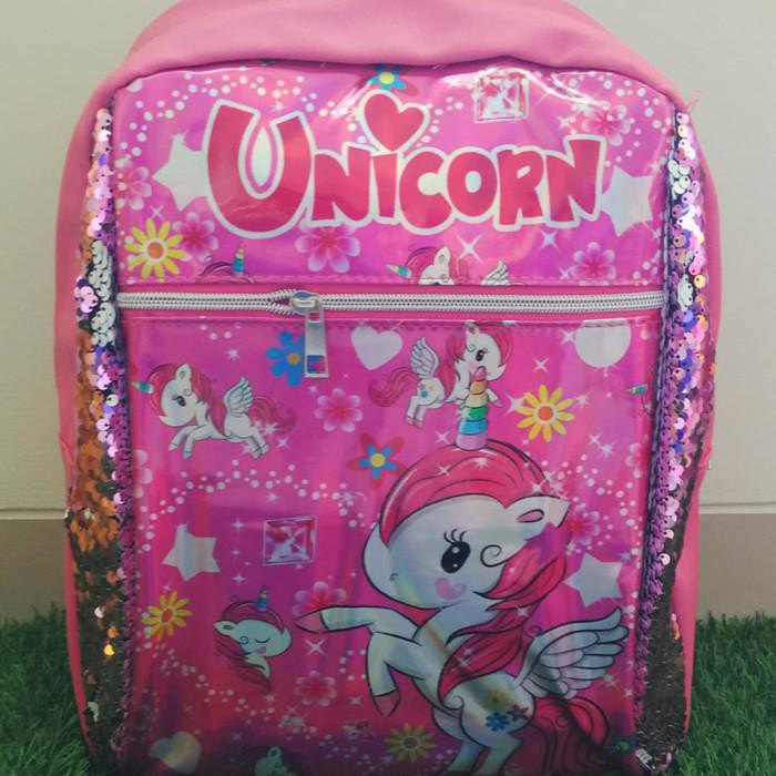 Tas ransel sekolah manik sequin flip hologram anak SD Unicorn sayap