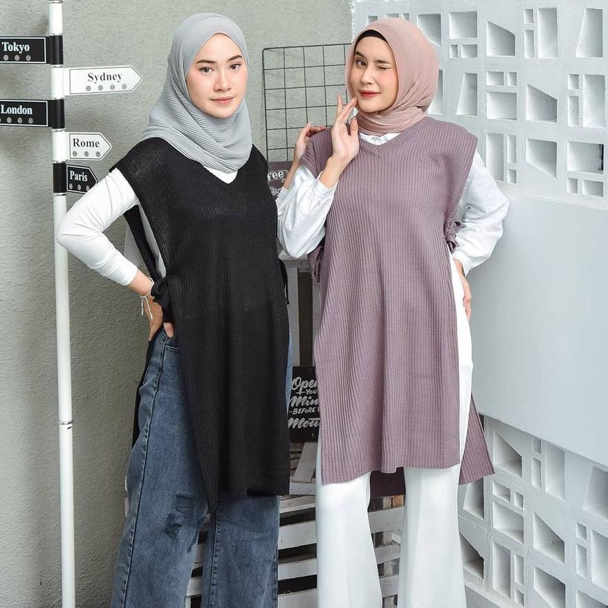 ✬ Rompi Rajut Wanita Panjang Polos Tali Samping Outer JALUR LONG VEST ☀