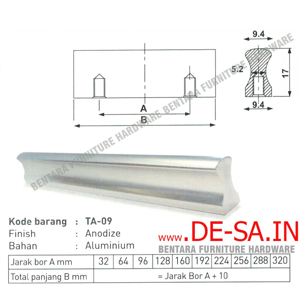 HUBEN TA-09 64MM TARIKAN LACI MEJA LEMARI KABINET GAGANG PINTU HANDLE ALUMINIUM ANODIZE ( SEKITAR 6 - 7 - 8 CM )