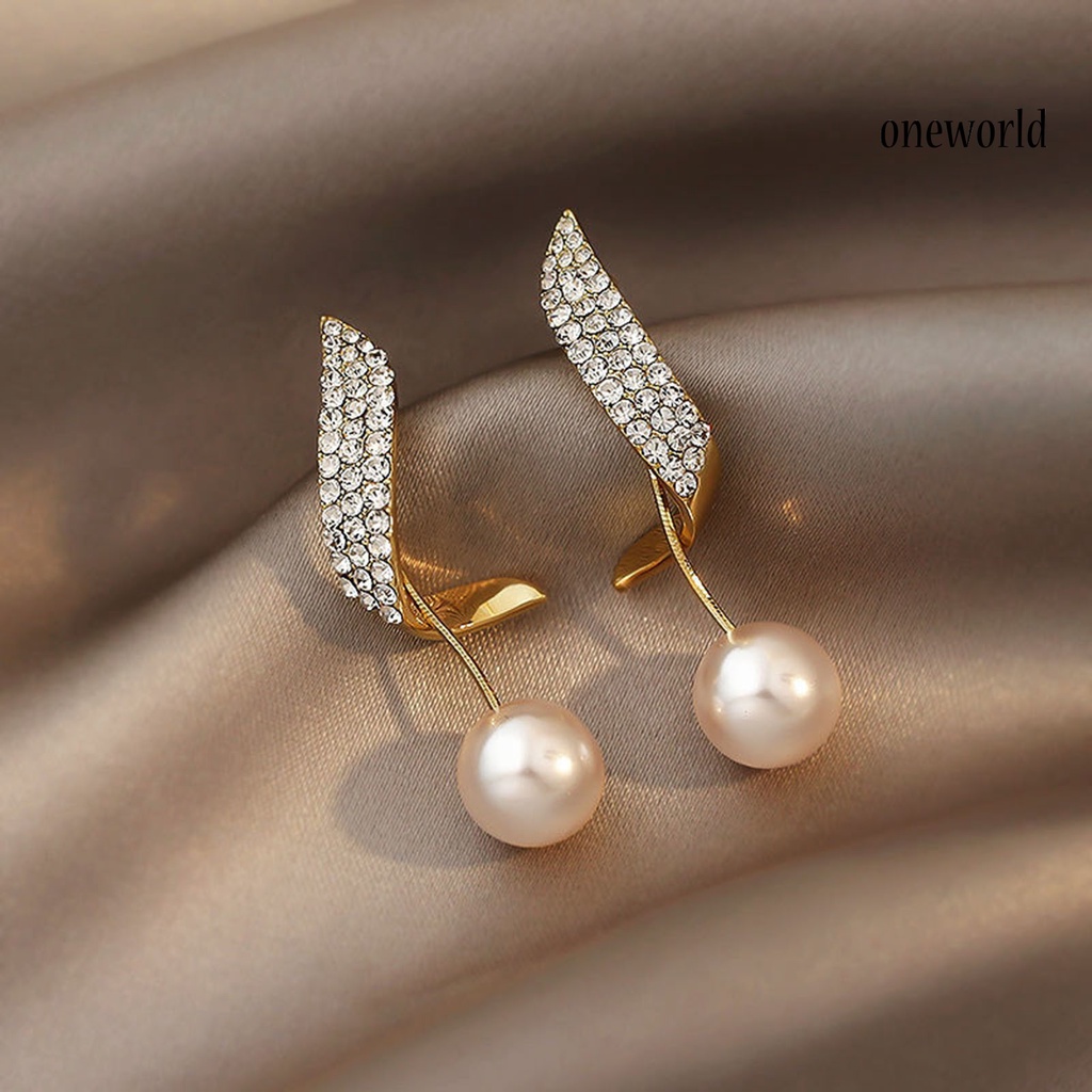 OW# 1 Pair Faux Pearl Drop Stud Earrings Unique Geometric Rhinestone Pearl Pendant Stud Earrings for Holiday