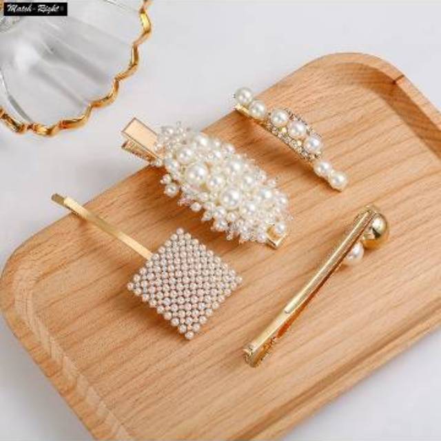 Jepit Mutiara Sweet Korea Geometric Rhinestone Pearl Hair Clips