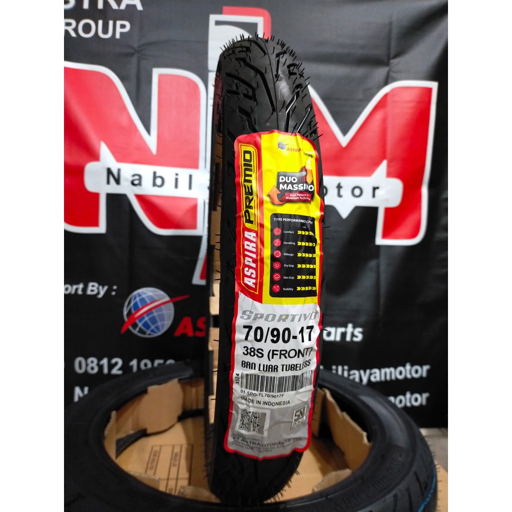 Ban Depan Aspira Premio Sportivo Tubeless 70/90-17 untuk Honda Supra X125, Revo, Blade, Sonic, Yamah