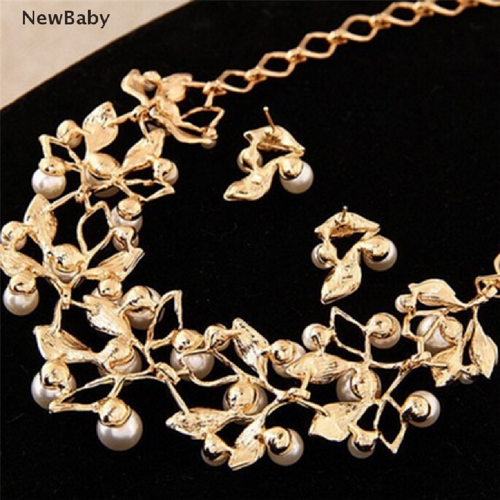 NewBaby Pearls Crystal Tree Leaves Necklace Earring  Elegant Ladies Luxury Jewelry Set  ID