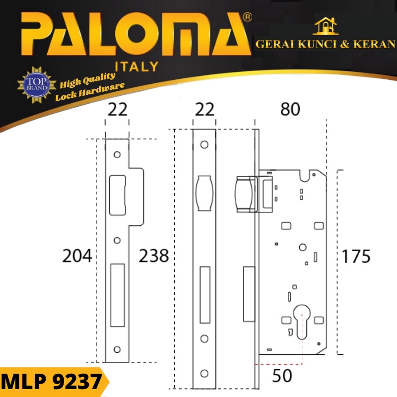 PALOMA MLP 9237 MORTISE LOCK ROLLER 50 MM EXCLUSIVE ITALY ANTIK BRASS