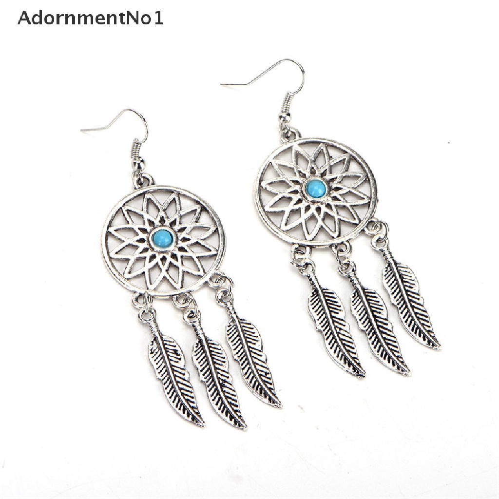 (AdornmentNo1) Set Kalung + Anting Gantung Panjang Kait Gaya Bohemia Motif Dreamcatcher + Daun + Bulu Untuk Wanita