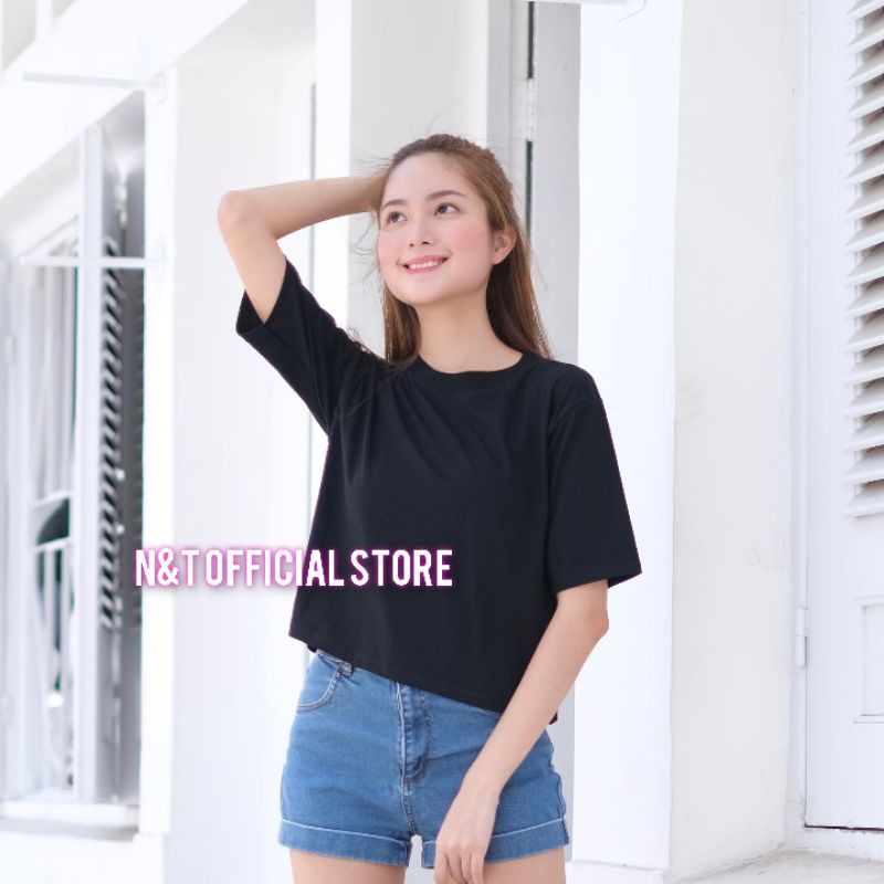 Kaos Baju Crop Top Wanita Allsize Oversize Polos Korea Hitam Putih Abu Army Cream Coklat Dusty Pink 