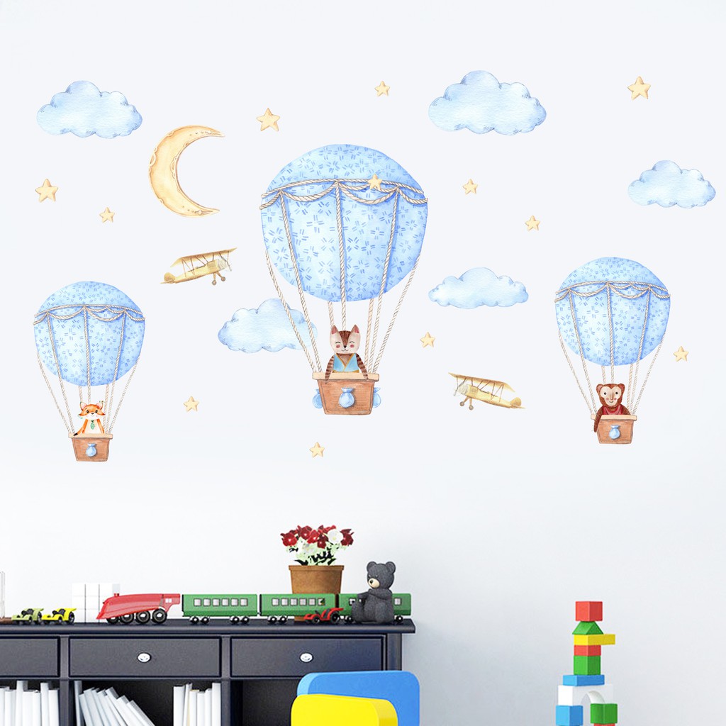 RELIZA WALL STICKER / STIKER DINDING BALON UDARA BIRU AWAN ANAK KIDS ANGKASA BULAN BINTANG JM7343