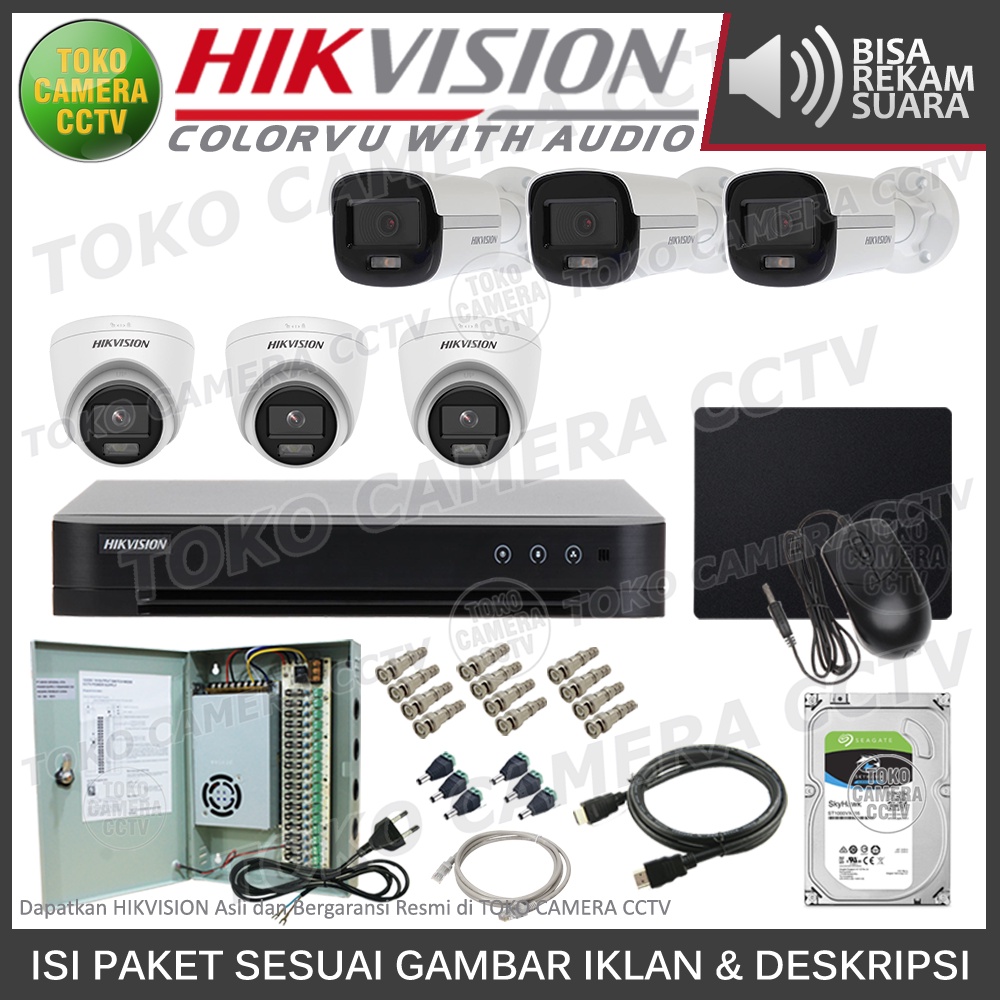 PAKET CCTV HIKVISION 5MP 3K COLORVU AUDIO 8 CHANNEL 6 KAMERA