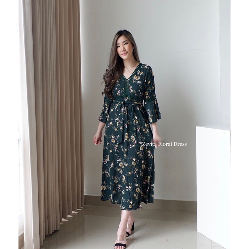 DRESS KOREA KEKINIAN TERMURAH - ZEVITA KOREAN FLORAL VINTAGE MIDI DRESS PANTAI LENGAN PANJANG