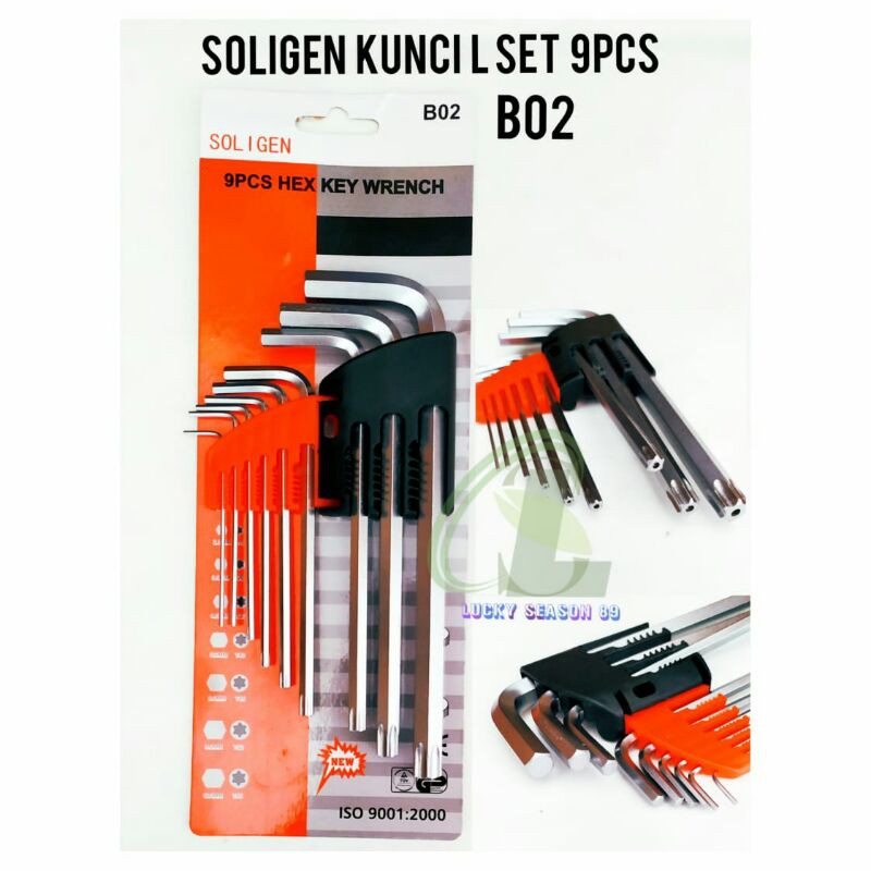 KUNCI L SOLIGEN 9 PCS TYPE D02/UKURAN COMBINASI/KUNCI L