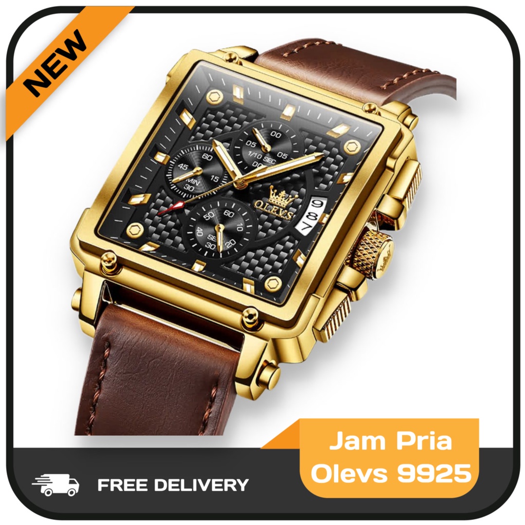 OLEVS 9925 Jam Tangan Petak Pria Anti Air Kulit Led Luxury Chronograph Watch Men Multifungsi Bergara