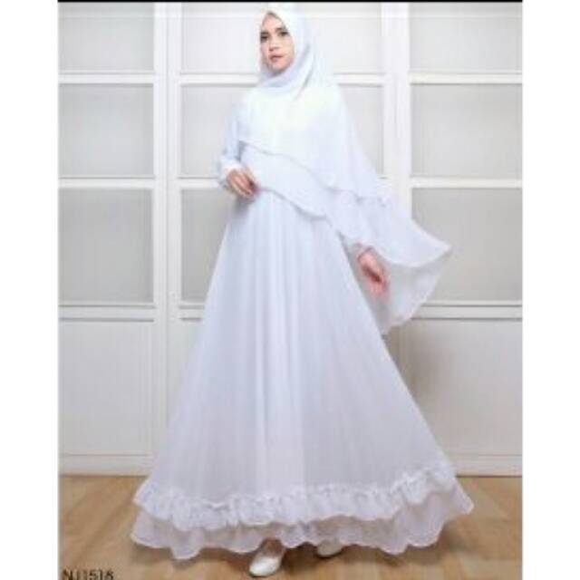 READY BRANDED ORIGINAL GAMIS SYARI NJ 158 White Putih Chiffon Curly Renda Bawah