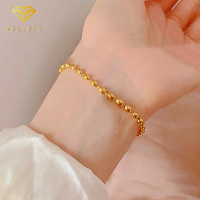 SEALOVE Gelang Titanium simple Manik Emas 18K Cantik Anti Karat dan anti luntur Perhiasan Aksesoris Wanita