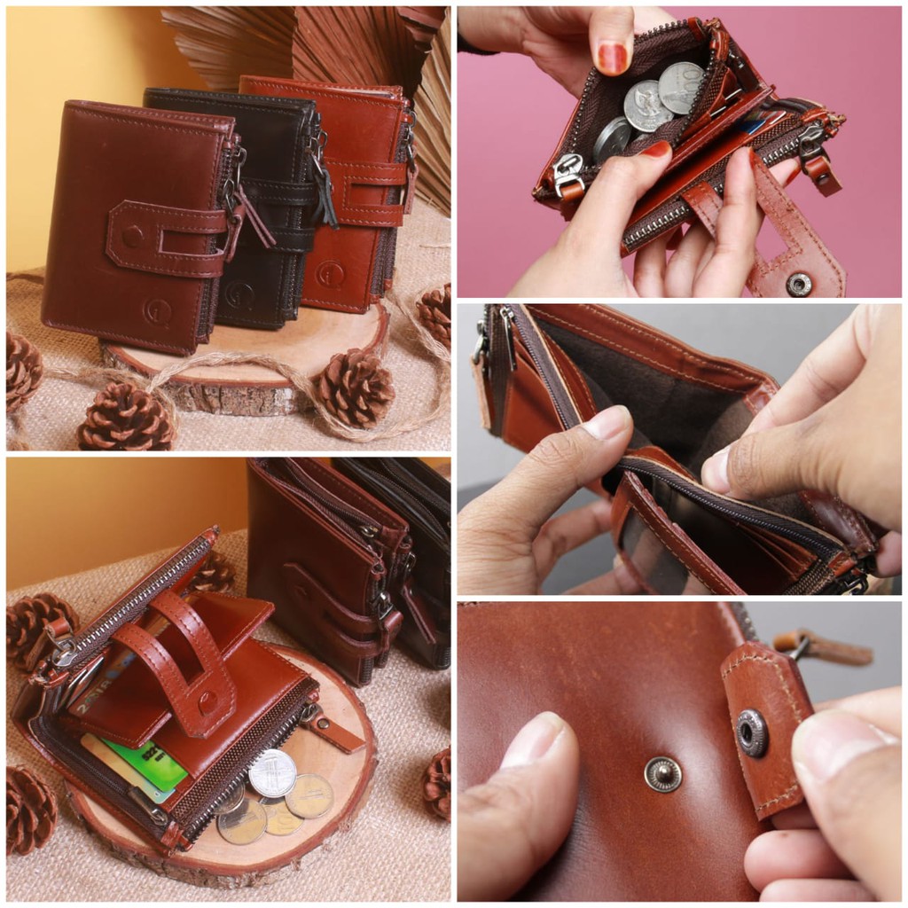 -D004-Dompet Kulit Pria Pendek ASLI FULL GRAIN Kulit Sapi ORI QI LEATHER Dompet Pria  Panjang Kartu