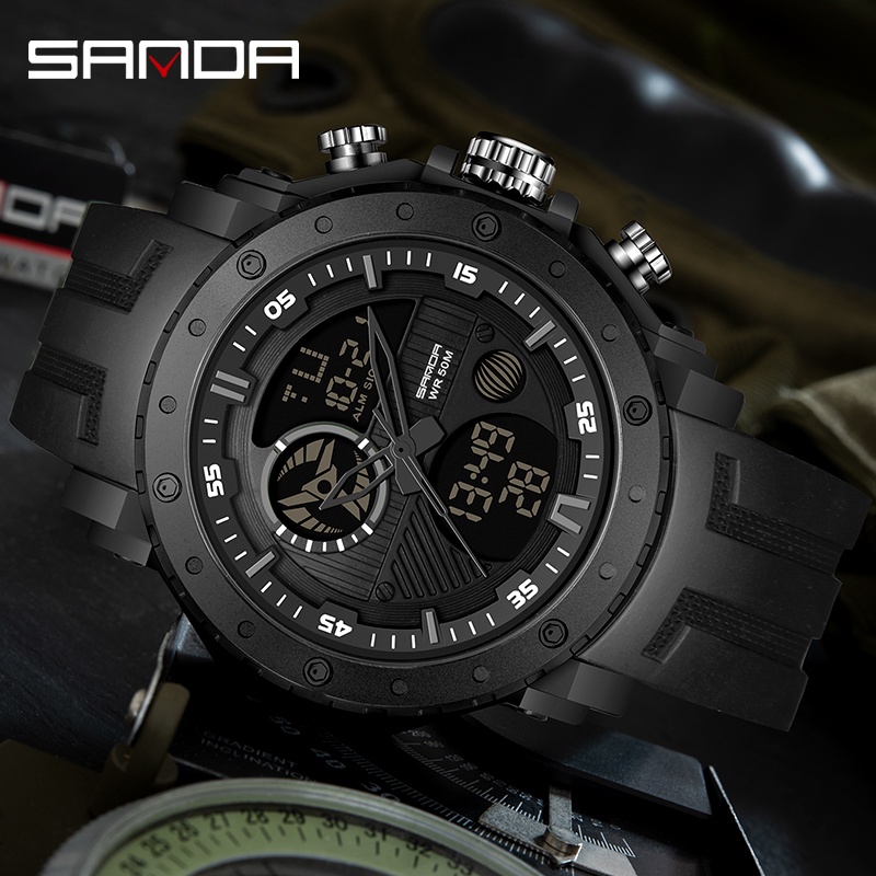 SANDA 6012 Jam Tangan Pria Digital Analog Tali Rubber Chronograph Anti Air WATCHKITE WKOS