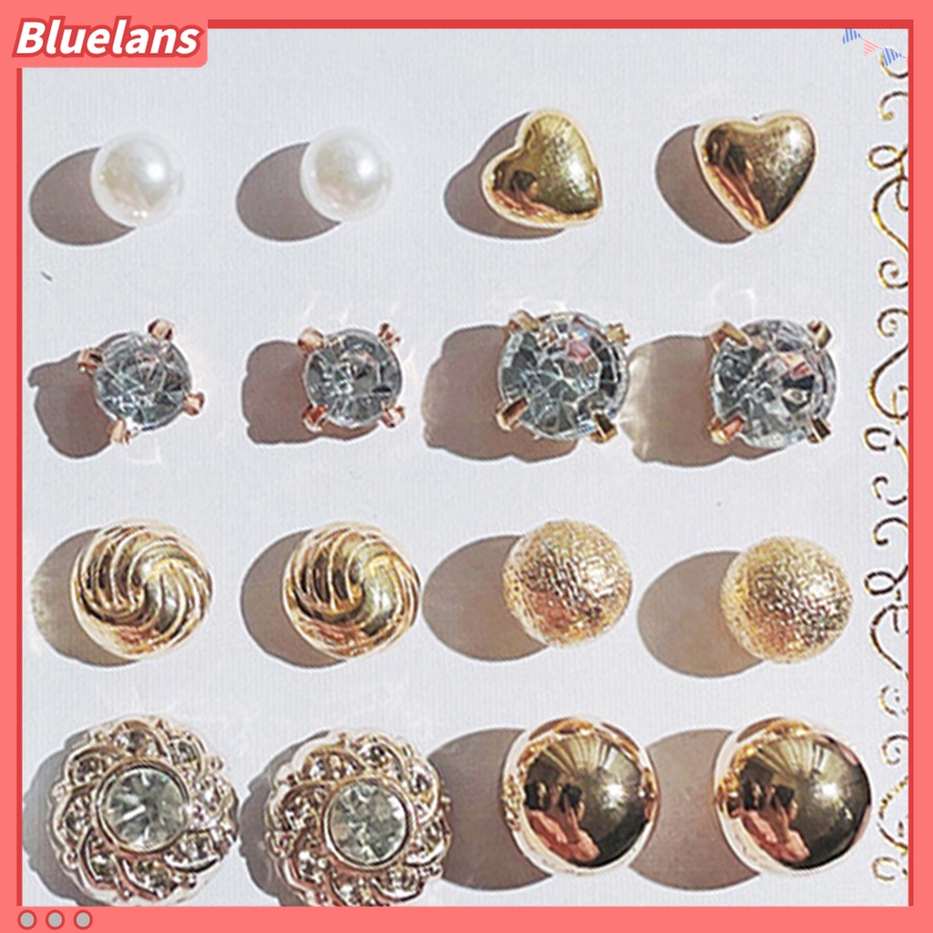Bluelans 12 Pasang Anting Stud Bentuk Bola Geometris Aksen Mutiara Imitasi Gaya Korea Untuk Wanita