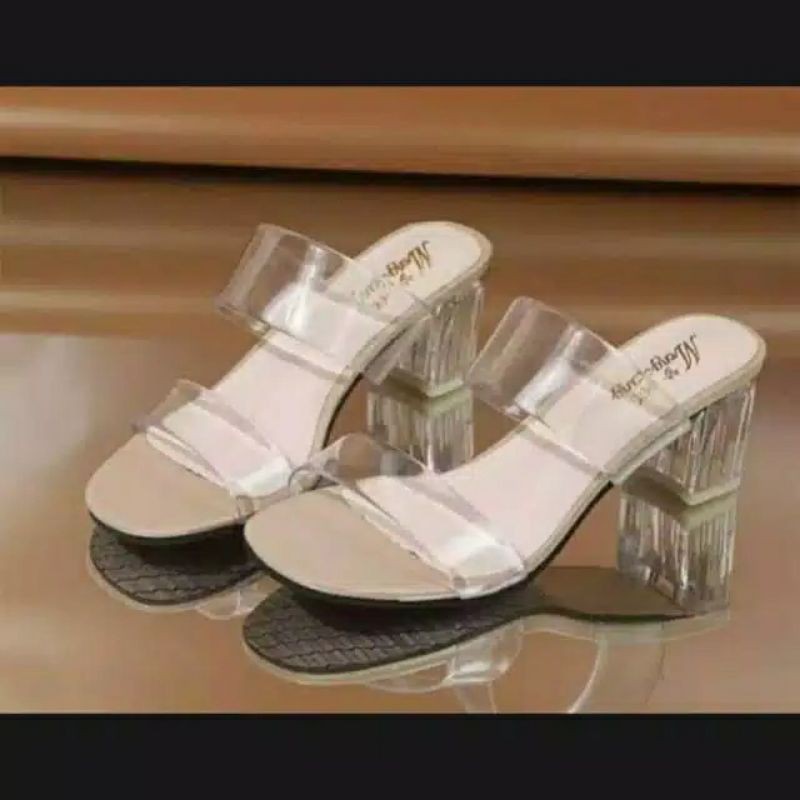 sandal HELS Wanita Hak Kaca transfaran 5cm