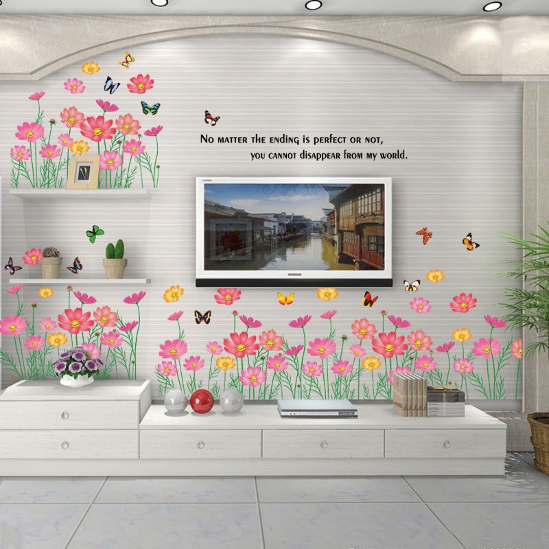 RELIZA WALLSTICKER RUMPUT BUNGA PINK KUPU KUPU WALL STIKER / STIKER DINDING AY870