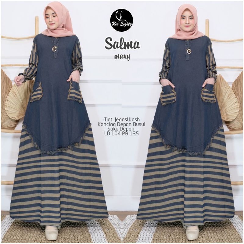 baju gamis jeans denim wanita kombinasi motif garis salur strip